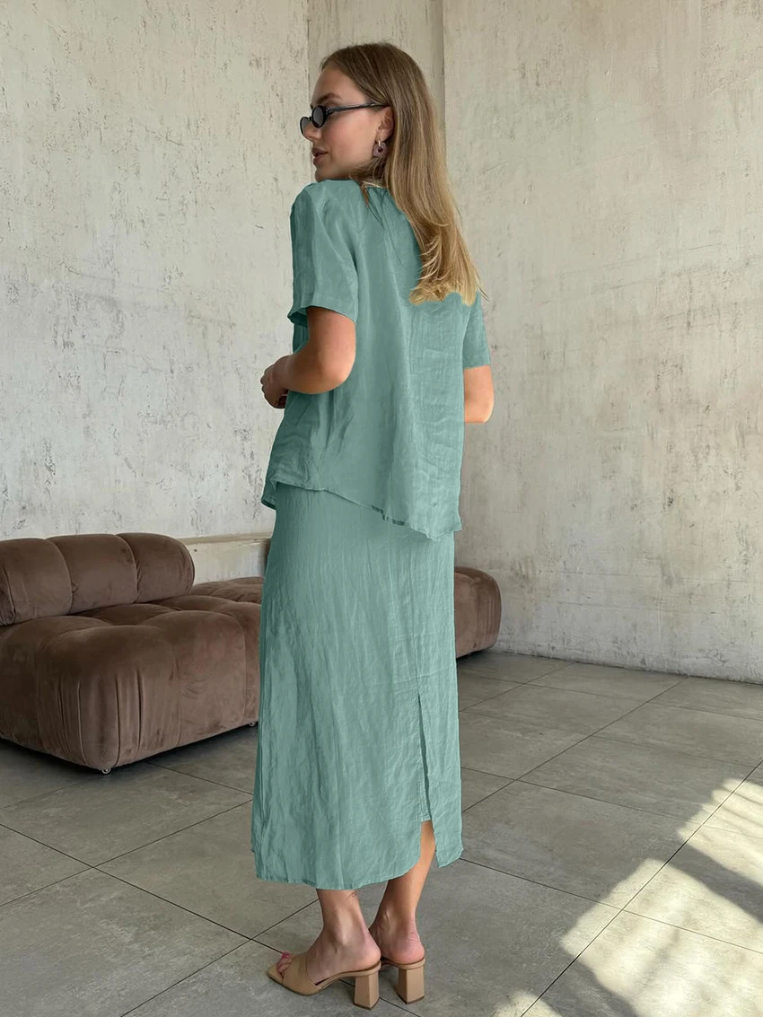 Marthaqiqi Summer Female Nightgowns Suit Sexy V-Neck Sleepwear Short Sleeve Nightwear Long Skirt Casual Women Pajama 2 Piece Set