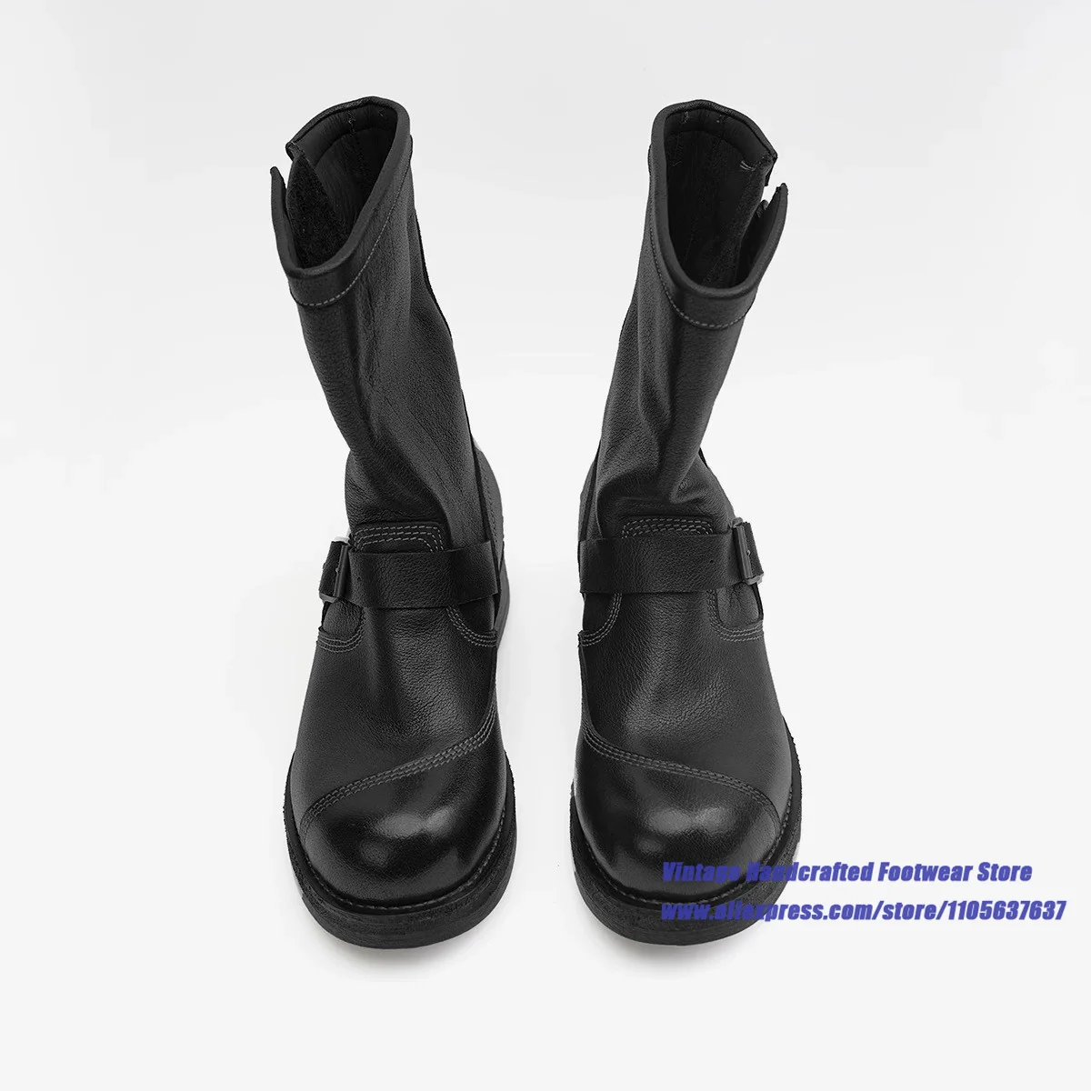 Black Leather Mid Calf Men's Boots Multi Adjustable Metal Buckle Straps Motorcycle Boots ﻿Vintage Handcrafted Men's Boots