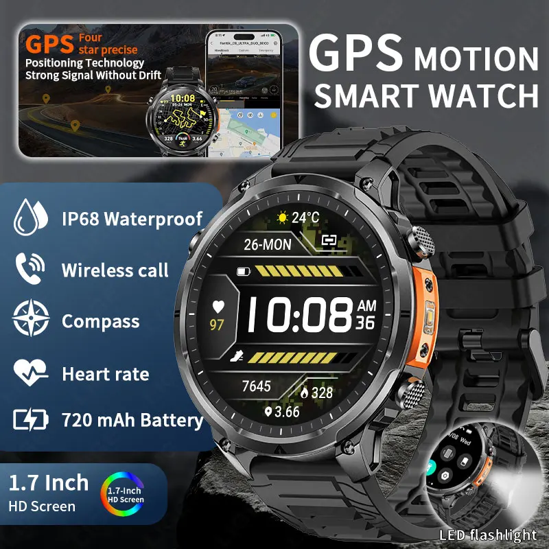 

2026 Outdoor Smart Watch For Men 720mAh Large Battery GPS Tracker Compass LED Flashlight Sport Fitness Waterproof Smartwatch Men