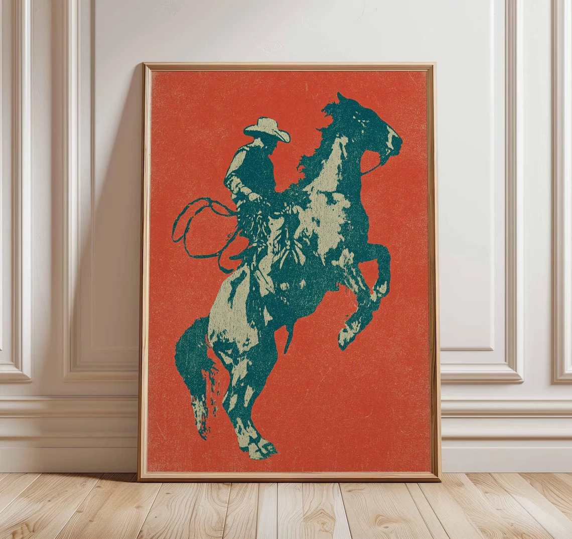 Cowboy Poster Western Wall Art Rustic Horse Rider Print Vintage Rodeo Decor Bold Red Minimal Design Americana Country Artwork