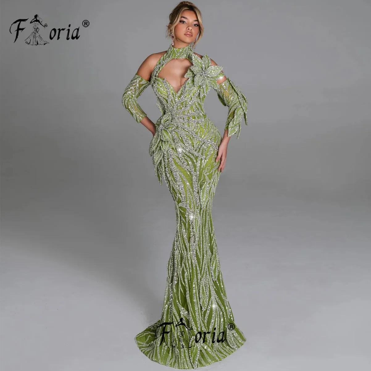 

Великолепные вечерние платья с длинными рукавами и кристаллами, зеленое платье для выпускного вечера с 3D листьями, вечерние платья с русалкой по индивидуальному заказу, Vestidos de noche