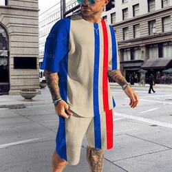 Summer Men's Striped Sports Suit Fashion Breathable T-Shirt Shorts Round Neck Oversized Mesh Comfortable