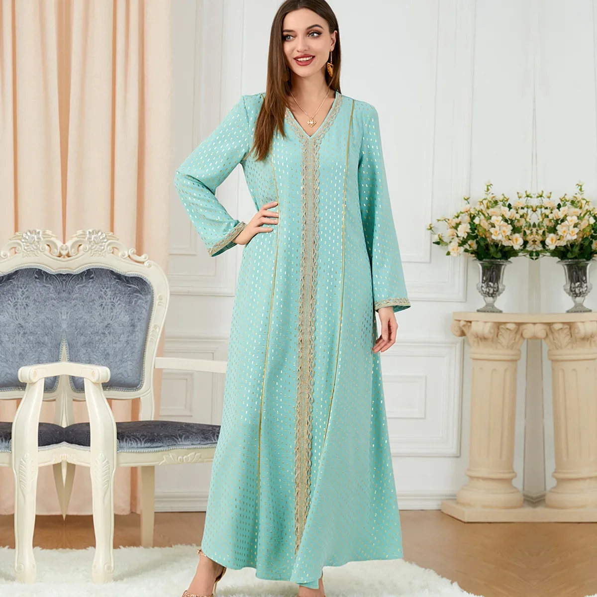 

Women Spring Summer Ramadan Muslim Gown Fashion Long Sleeve A-line Skirt Abaya Arab Islamic Women Moroccan Kaftan Gown