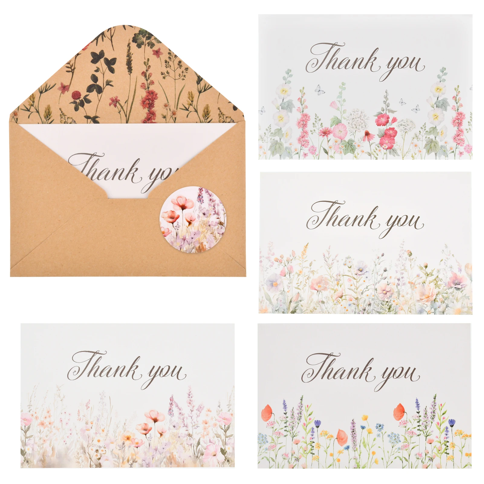 

24pcs For Teacher Wedding Baby Shower Greeting With Envelopes Stickers Floral Elegant Thank You Card Birthday Small Business