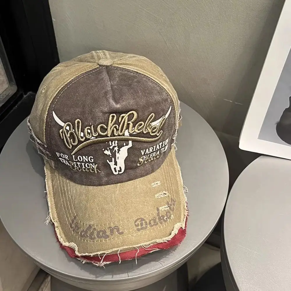 

Fashion Adjustable Washed Baseball Hat Cotton Sunscreen Letter Embroidery Peaked Cap Patchwork Color Leisure Punk Sun Cap Sports