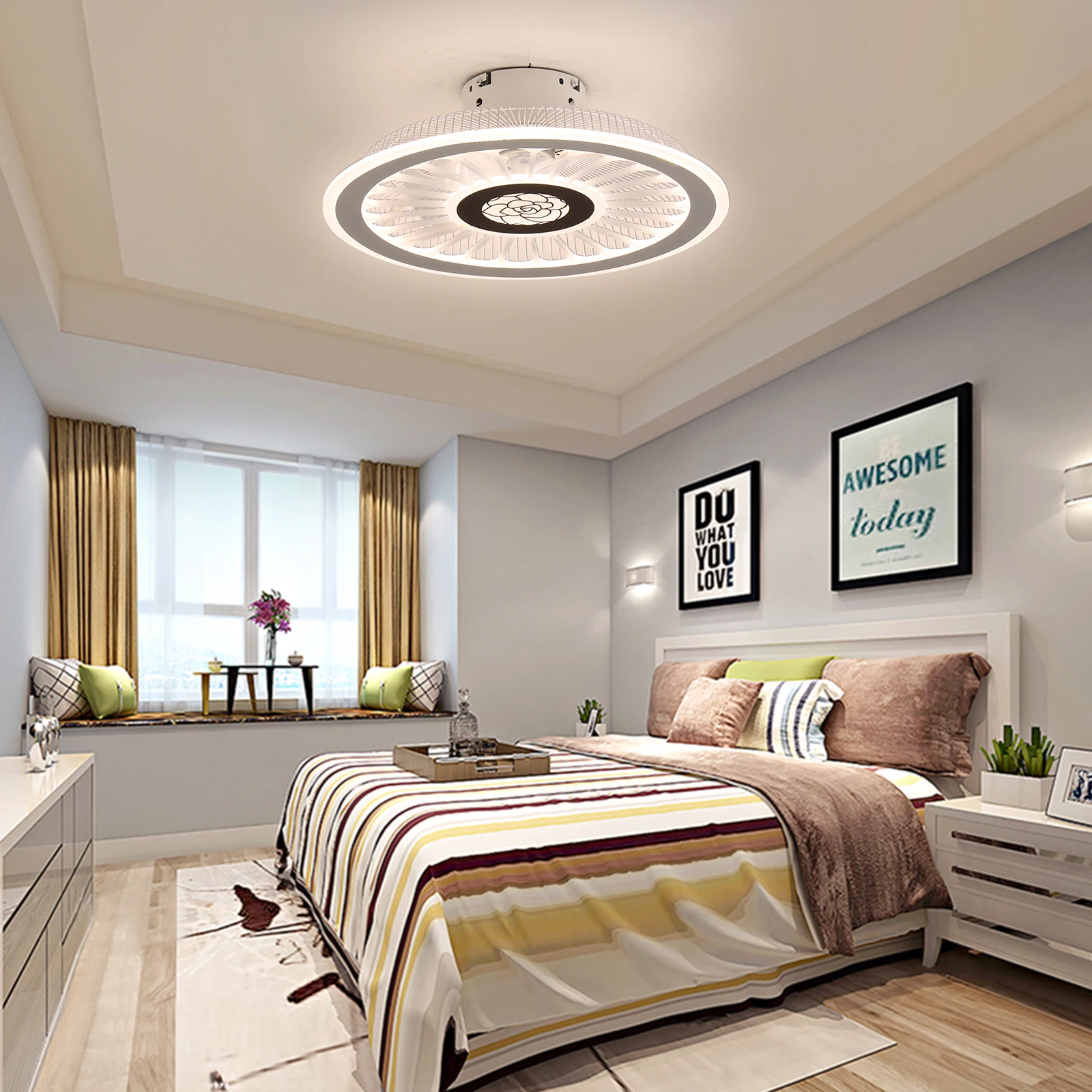 3-Speed Modern Dimmable Flush Mount Lamp w/ Remote Control LED Ceiling Fan Light Chandelier Lamp