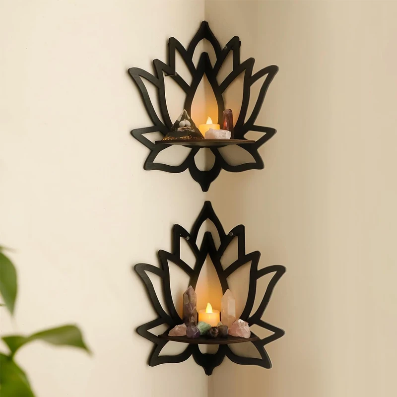Lotus-Holzregal Schwarzes Eckregal Ausstellungsständer Kristallstein Ätherisches Öl Wandorganizer Raumdekoration Ästhetische Wohndeko