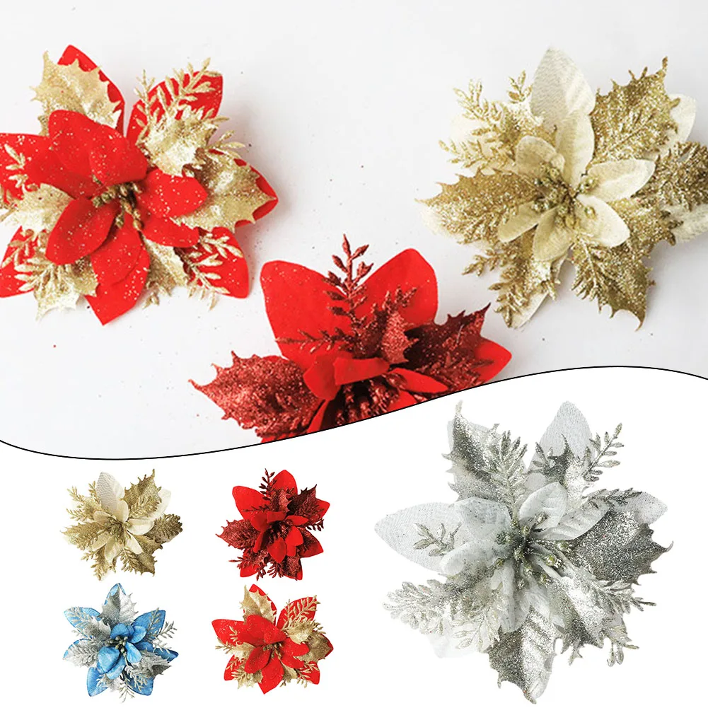 1pc Glitter Artifical Christmas Flowers Christmas Tree Decoration Happy New Year Ornaments Xmas Fake Flowers Party Decor