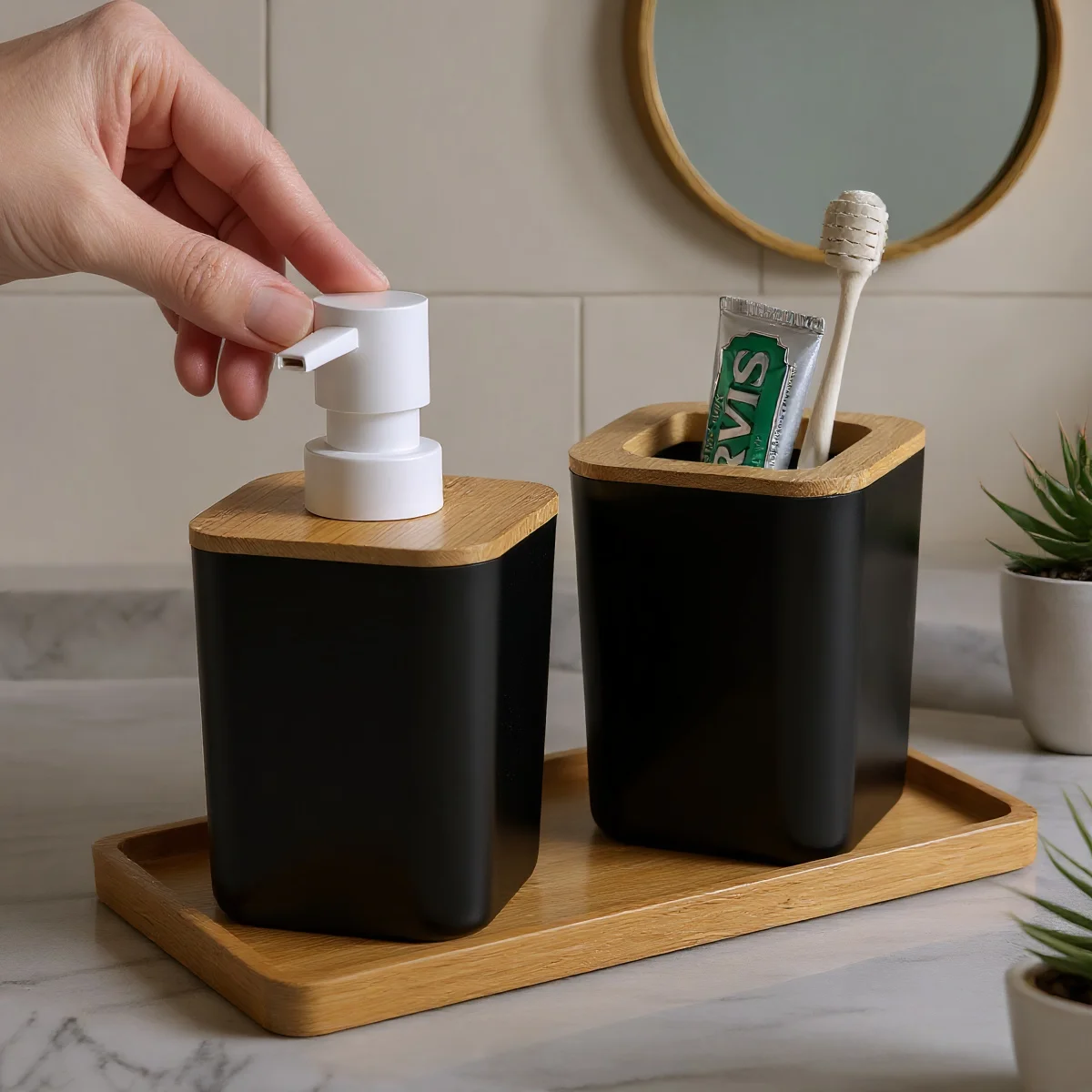 

athroom Black Accessories Set Hand Soap Bottle with Storage Cup for Toothbrush Toothpaste Razor Holder Countertop Elegant Decor