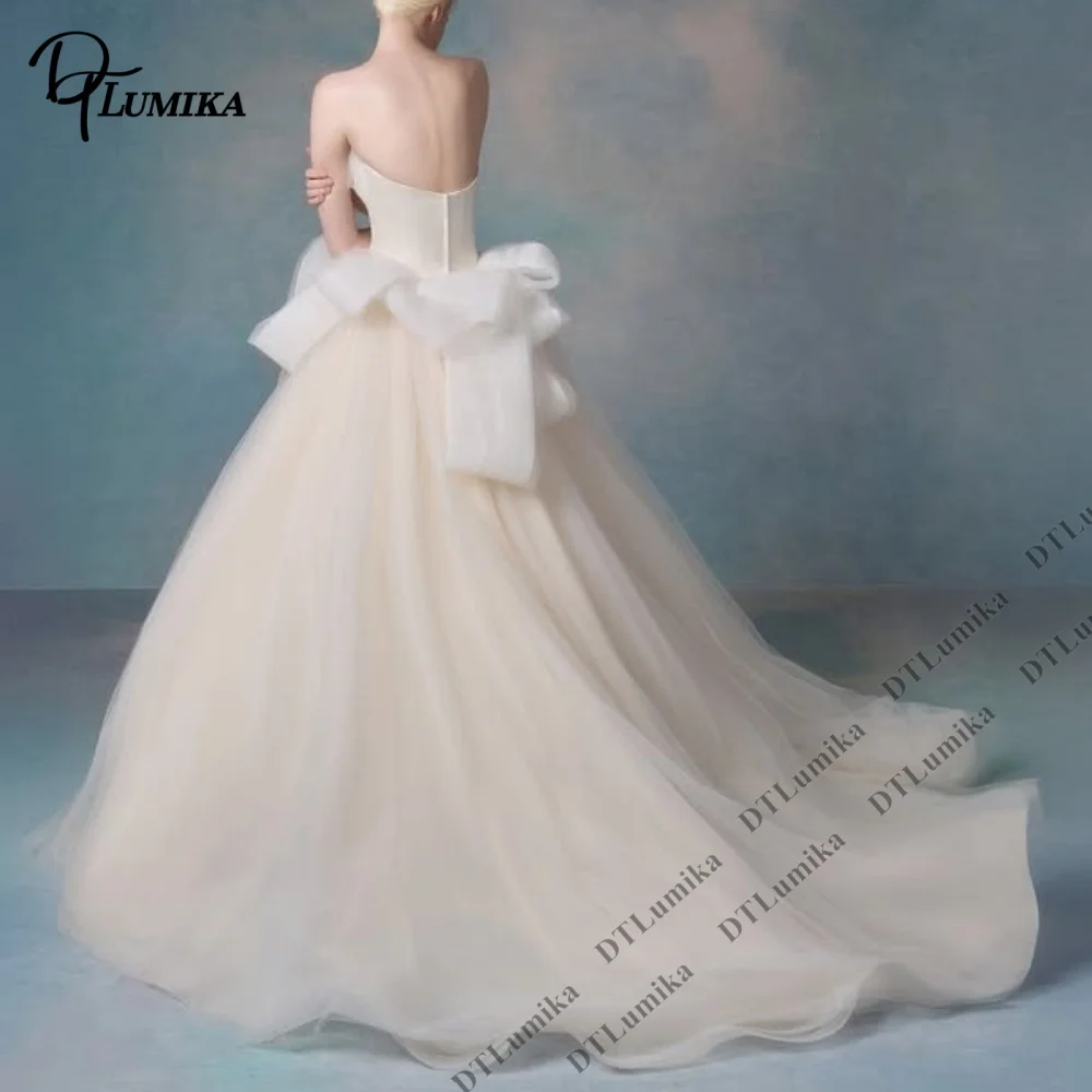 Classic Simple Tulle Bride Dresses A Line Long Train Women Wedding Dresses Customized Size & Color Simple Organza Bridal Gown