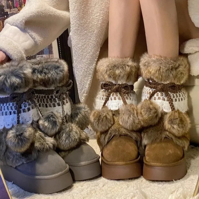 

2025 Autumn and Winter Fur Round Head Thick Bottom Forest Series Warm Lace Wool Ball Retro Snow Boots Sock Set Winter Version