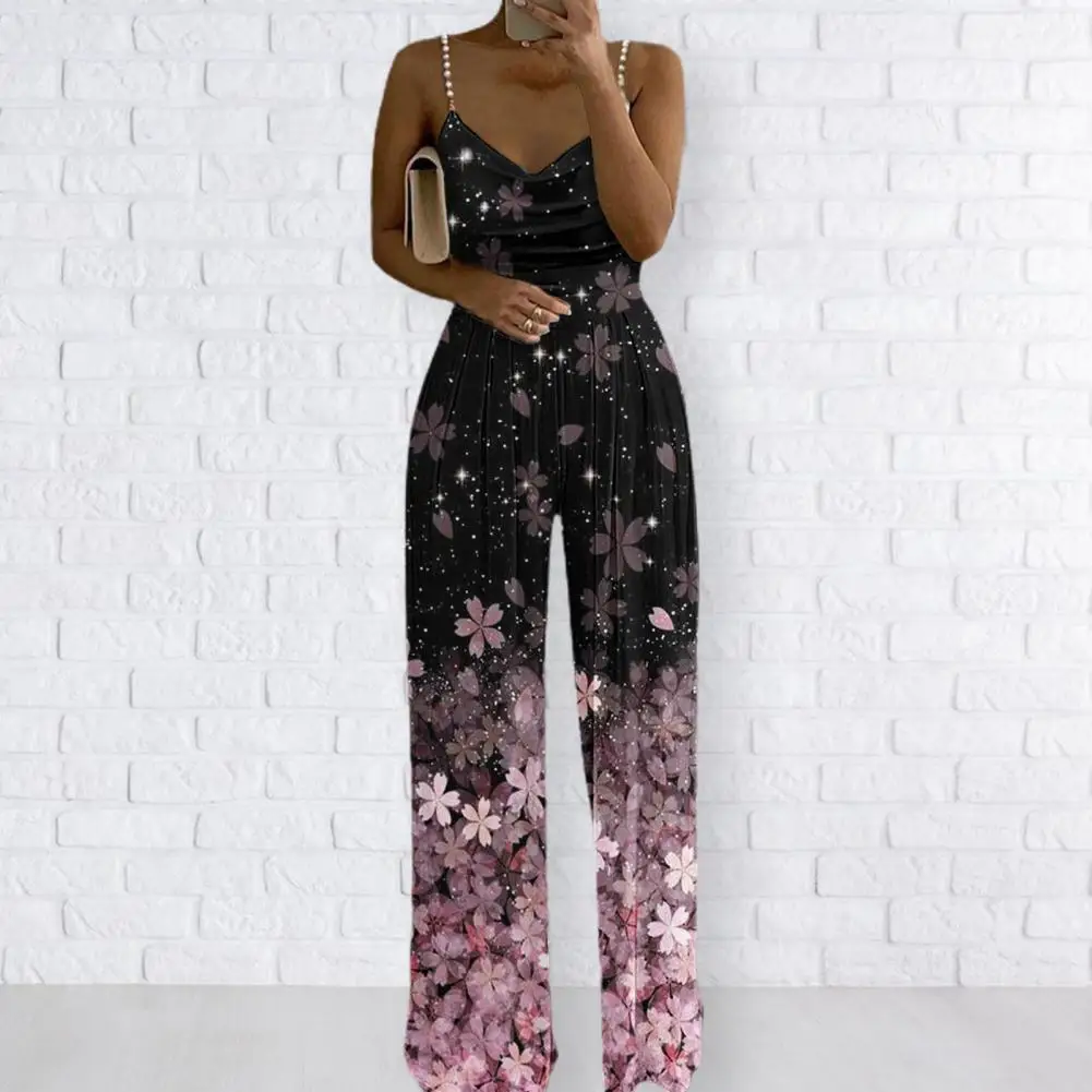 

Faux Pearls Sling Waist Tight Wide Leg Women Jumpsuit Sweet Floral Printing Loose Romper Streetwear