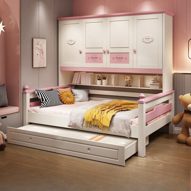 

All solid wood large storage wardrobe bed integrated combination bed small apartment combination pink girl princess bed children