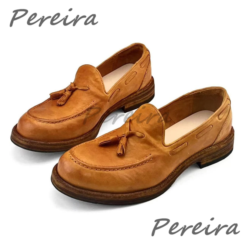 Brown Washed Horseskin Handmade Men's Shoes Tassel Design Round Toe Thick Soled Slip-On Loafers Summer Retro Male Casual Shoes