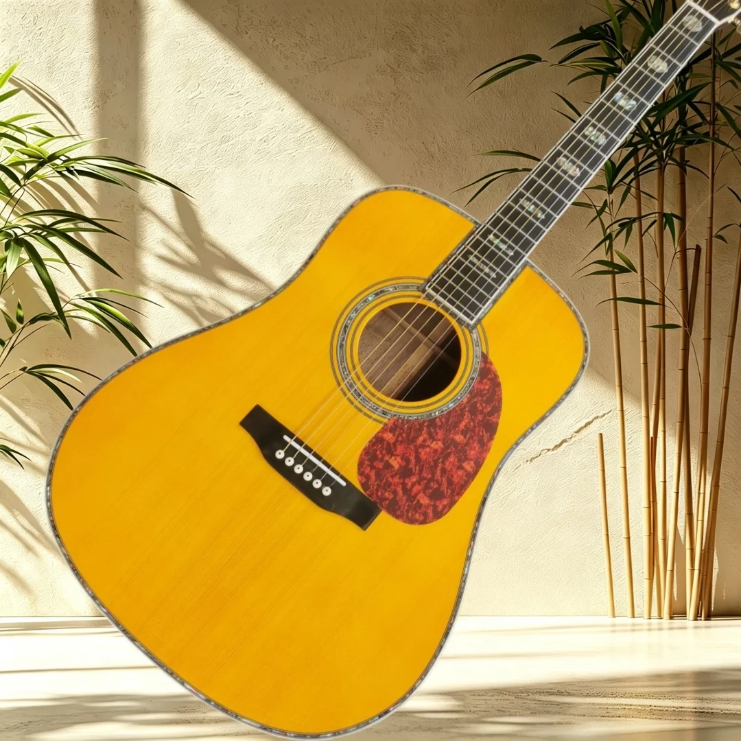 D45 Vintage Yellow Acoustic Guitar Spruce Top Rosewood Back Sides Ebony Fretboard Abalone Binding Tortoise Pickguard Beginner