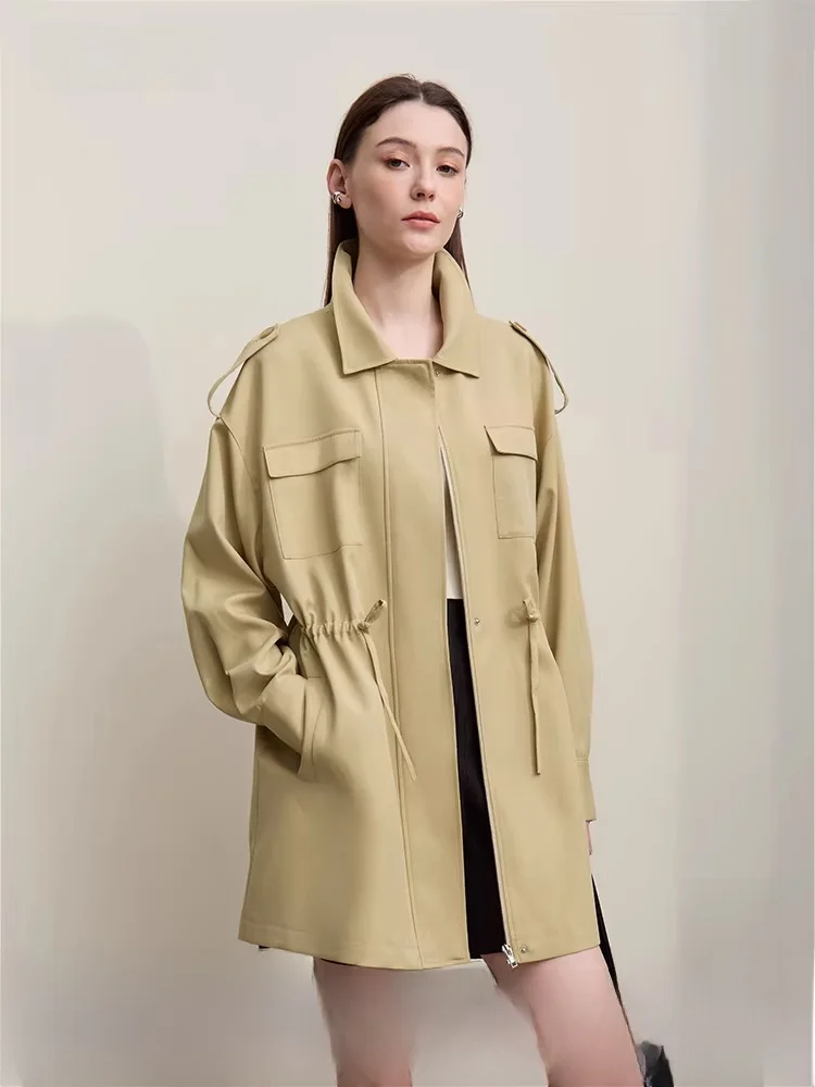 

Повседневное свободное пальто на молнии с завязками на талии, удлиненное, весенняя новинка, женский длинный топ из полиэстера с отложным воротником