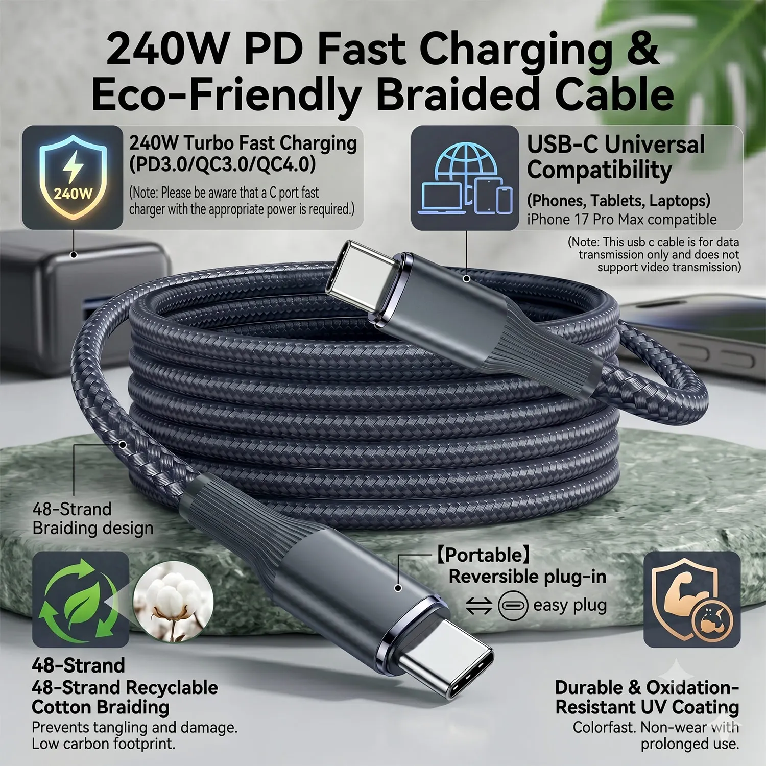 240W Fast Charge Cable PD Quick Charging High Quality USB C TO USB Type C Cable For iPhone Xiaomi 17 Plus Pro Max Samsung S24