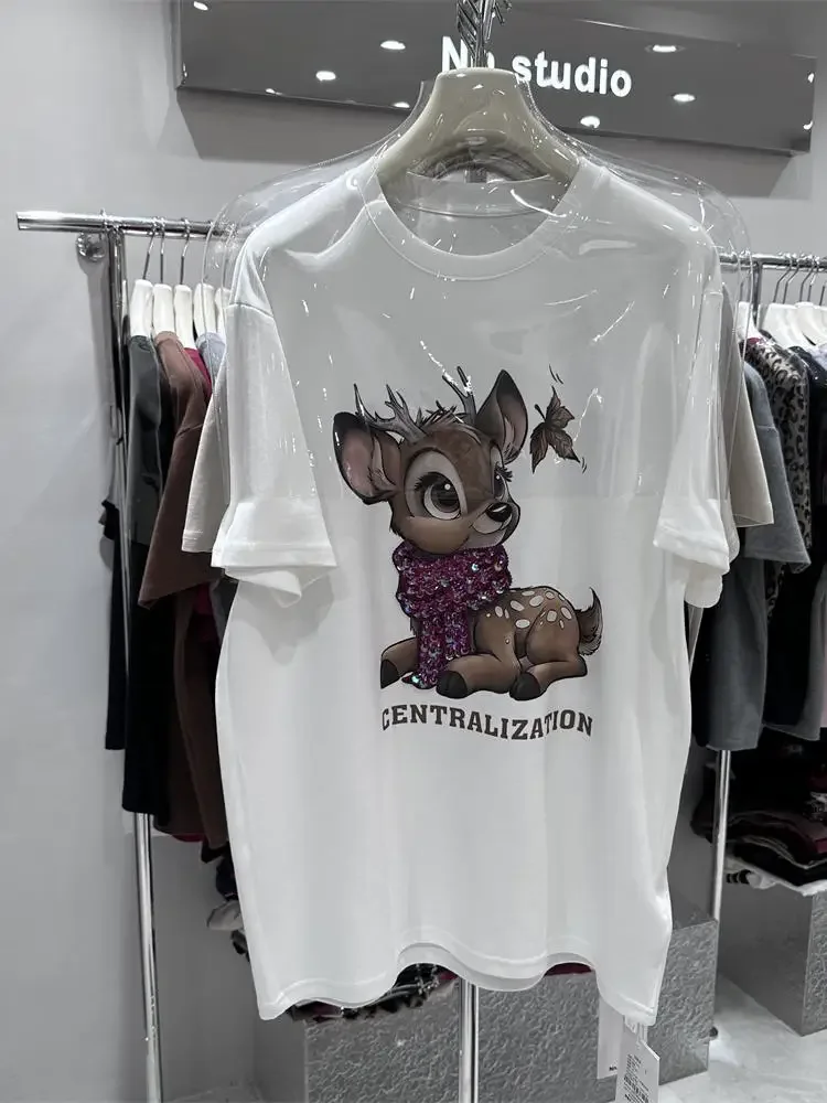 Winter Thickened Cotton Heavy Industry New Year's Deer Loose Medium Length Short Sleeve T-Shirt Cartoon Half Sleeve Top Women