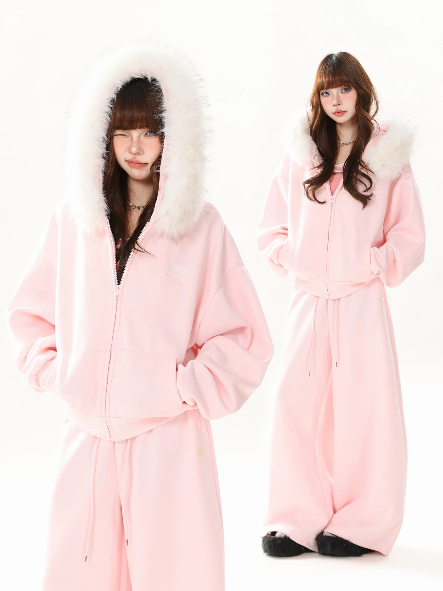 

Warm Fce Lined Hoodie And Pants Set for Women Basic Sle Casual Loose Fit Pink Color Blo Two Piece Suit Streetwear