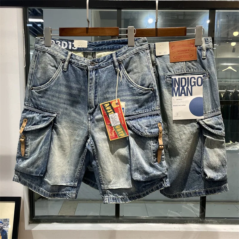 

Heavyweight 100% Cotton Washed Distressed Amekaji American Vintage Men's Straight Denim Shorts Summer Knee Length Cargo Jeans