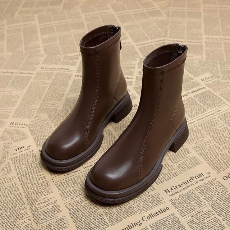 Women Ankle Boots Chunky Mid Heel Round Toe Back Zipper Short Booties Casual Platform PU Leather Fashion Comfort Solid Shoes Hot
