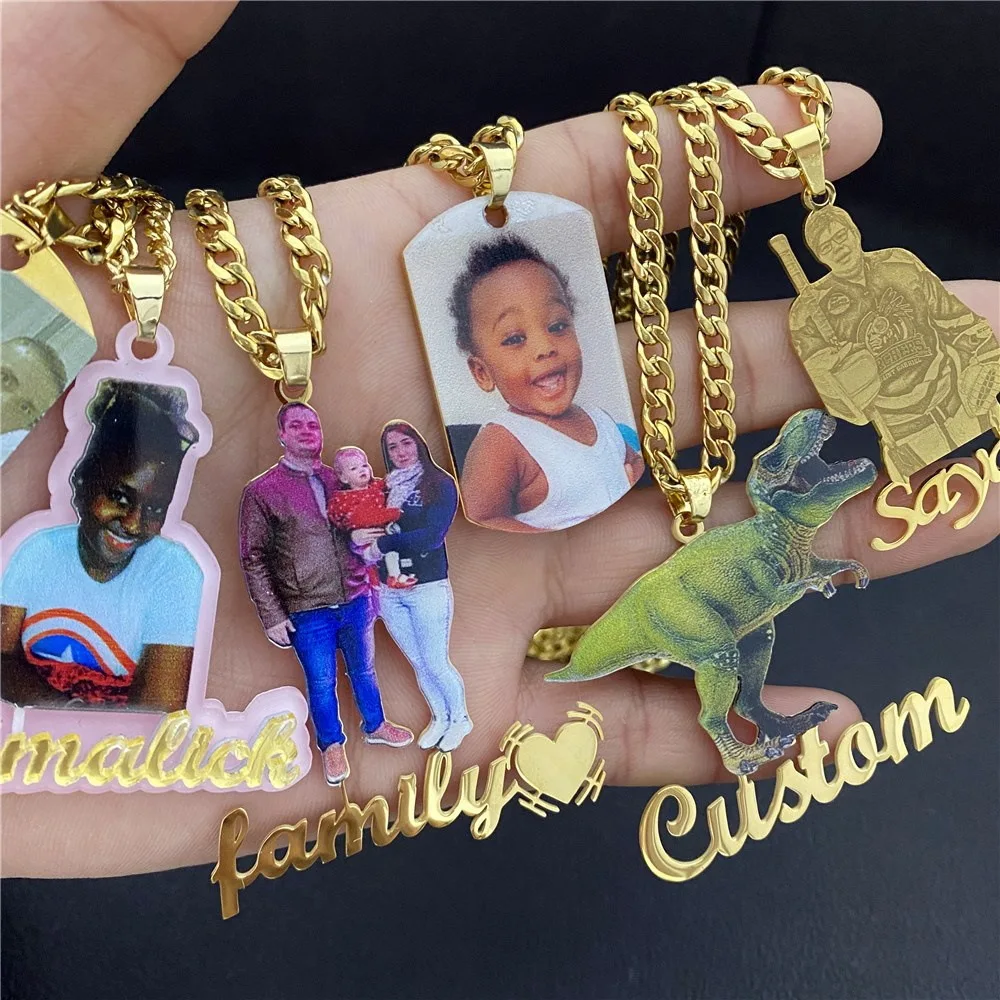 Custom Photo Necklace DIY Picture Nameplate Stainless Steel 5MM Cuban Chain Necklace for Kids Memory Hip Hop Jewelry Family Gift