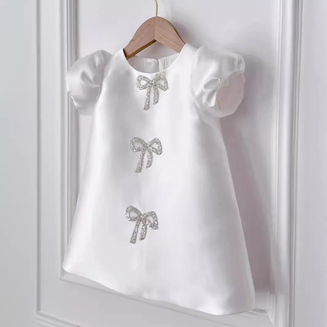 Children Cute White Princess Ball Gown Girls Cute Bow Puff Sleeve Design Birthday Baptism Wedding Dress g225 - view 3
