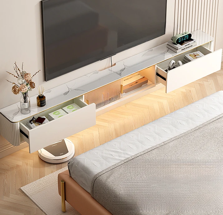 Bedroom ultra narrow TV cabinet rock slab French cream wind bed tail wall hanging suspension