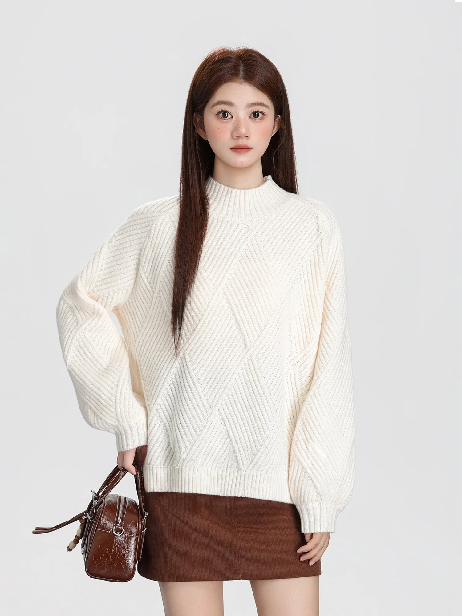 

Retro Geometric Twist Knitted f High Collar Sweater Women's Autumn Winter New Loose Fit Premium Feeling Knitted Top