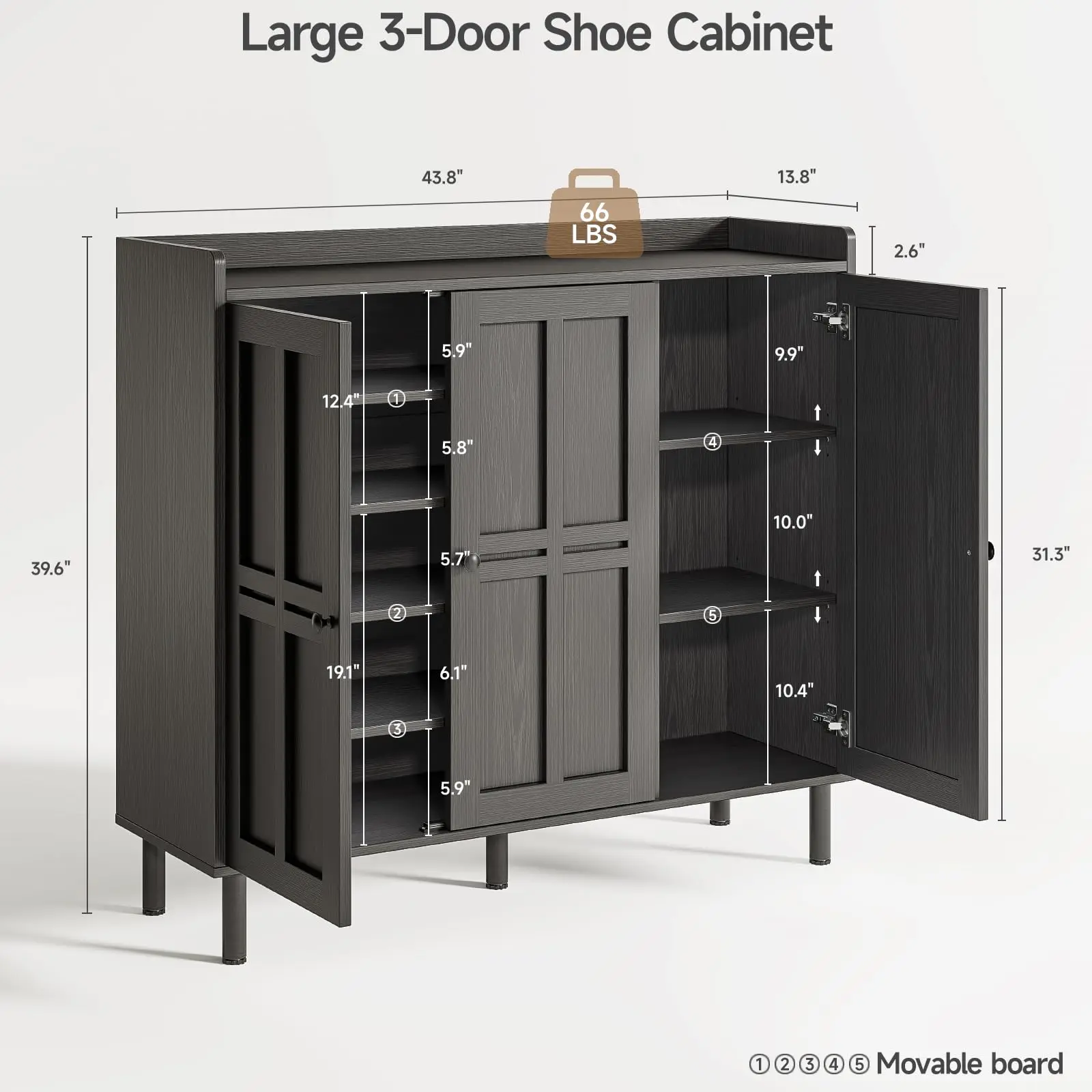 Shoe Cabinet with 3 Doors & Adjustable Shelves for Entryway(Black)