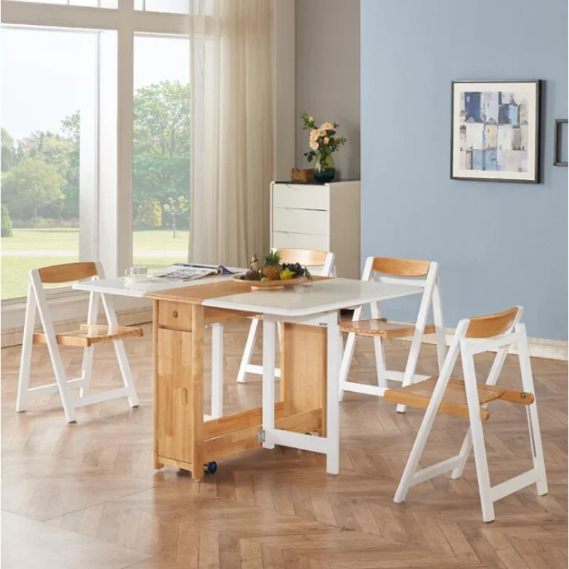 Nordic solid wooden folding dining table chair set modern multifunctional retractable table dining chair 1 table 4 kitchen chair