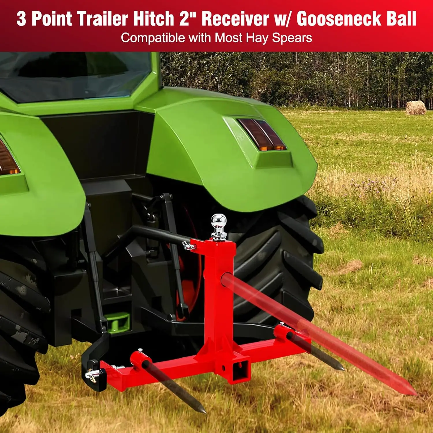 

3 Point Gooseneck Trailer Hitch with 2" Receivers for Category 1 Tractors, 3000lbs Capacity 3 Point Quick Hitch Attachment