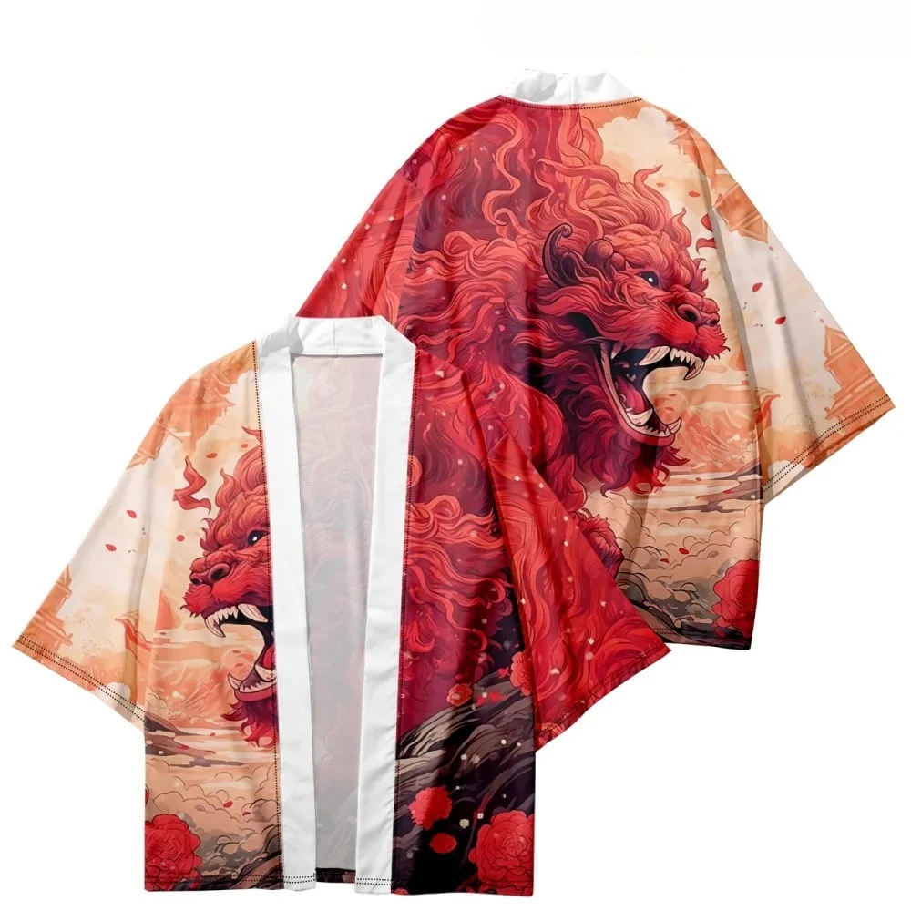 Cardigan stampato danza del leone cinese Camicie Haori Donna Uomo Cosplay Yukata Abbigliamento Kimono Harajuku