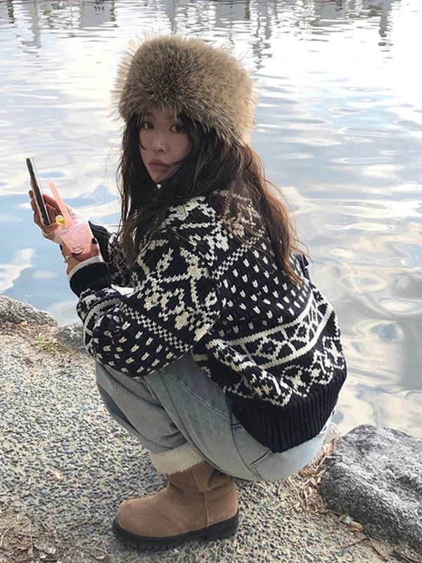 Korean Retro Pattern Thi Knit Sweater Jaet Women Winter New High Collar Double Zipper Knitted Open Cardigan Top