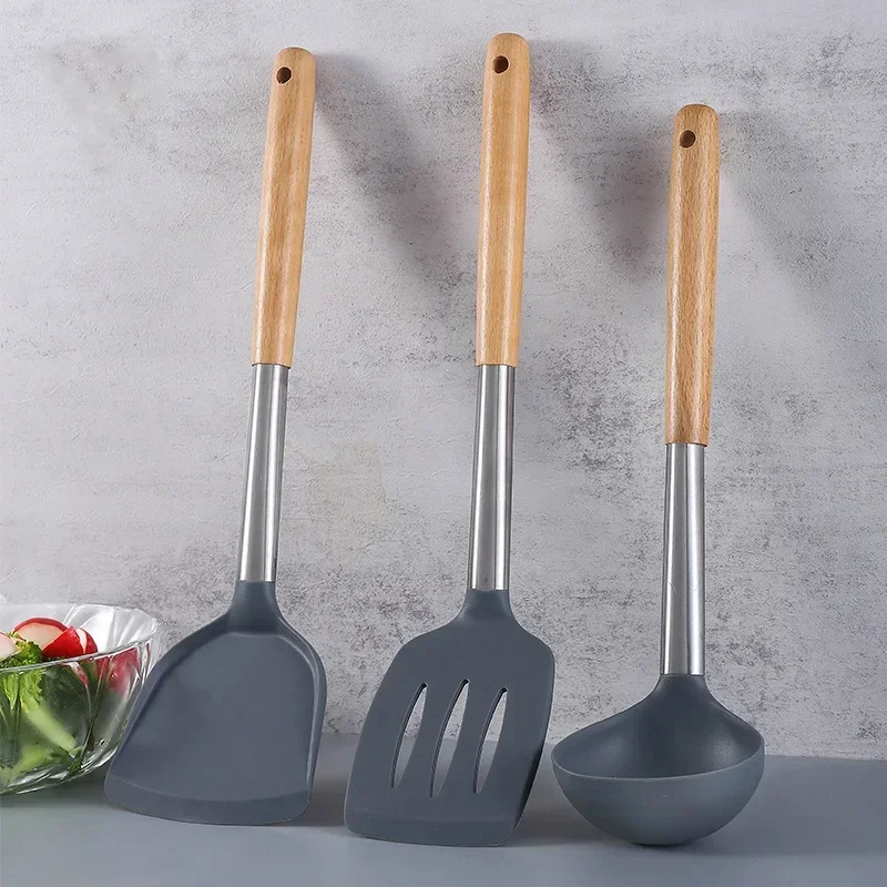 Utensilios de cocina de silicona, espátula de silicona, mango de madera, espátula de silicona, cuchara de sopa de silicona, espátula para fugas, sartén antiadherente