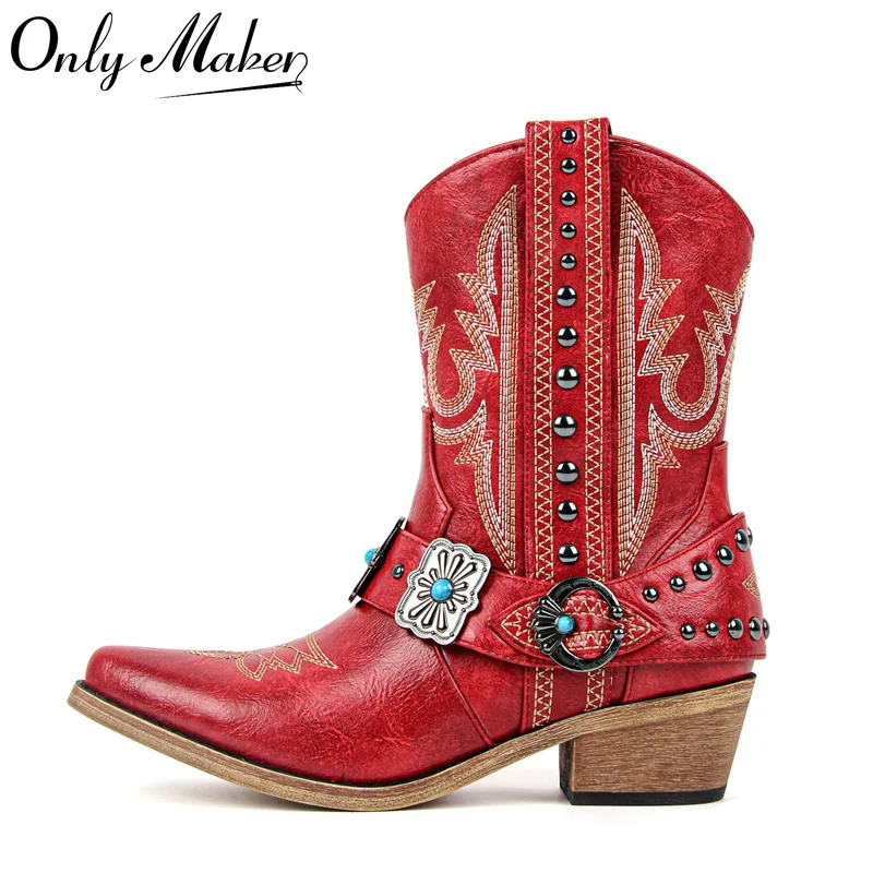 

Onlymaker Women Pointed Toe Rivet Embroidery Low Block Heels Metal Decor Western Boot Heel Big Size Side Zipper Ankle Boots