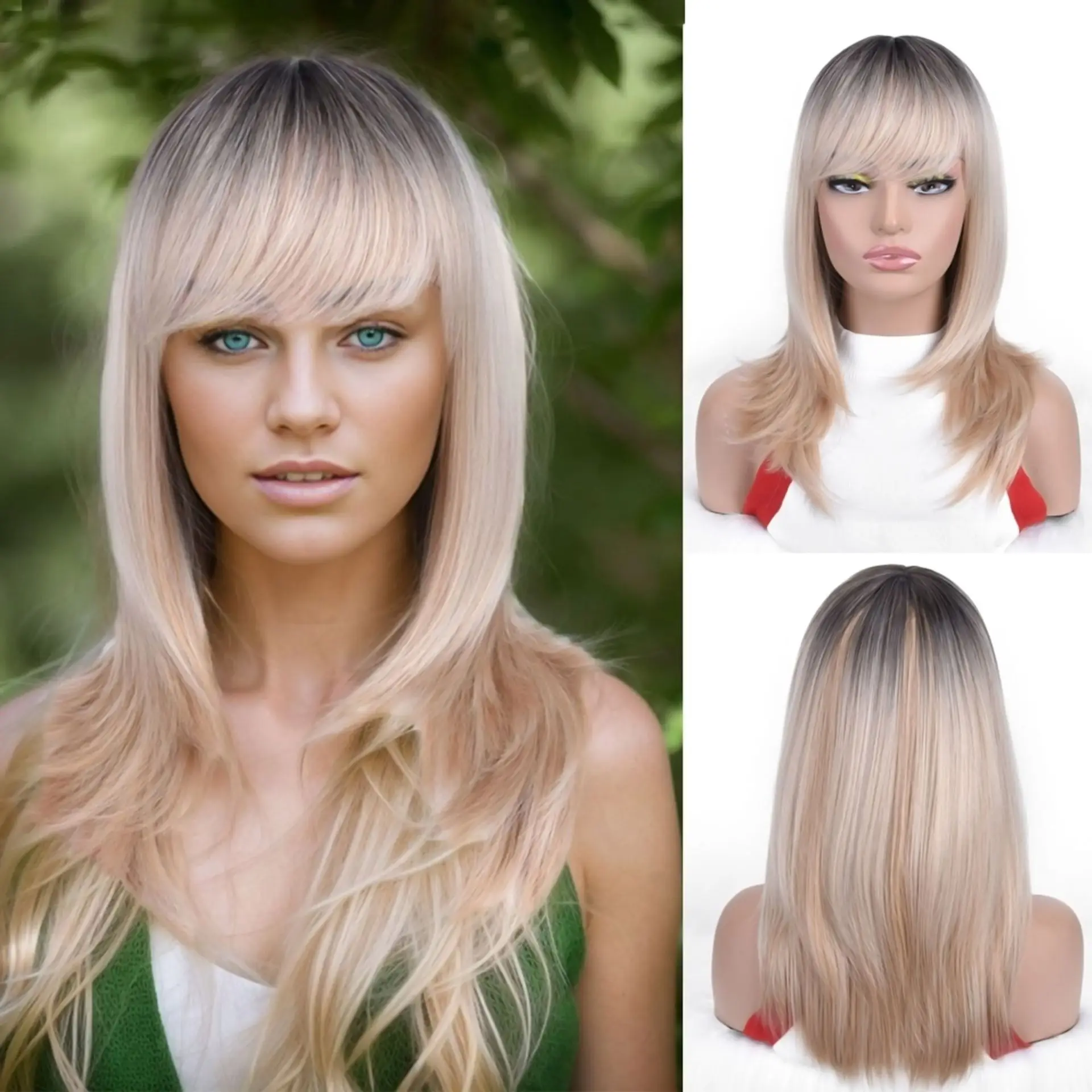 

European beautiful woman 613 gradual change wig medium and long style Qi bangs collarbone hair daily wear