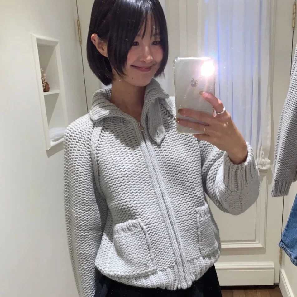 

TheBarnet Knitted Zipper Casual Cardigan oulder ket Turn-down Collar Long Sve Regular Length Color Women's Coat