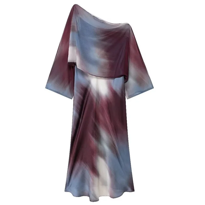 TRAF Tie Dye Satin Dresses Women\'s Dress Summer Asymmetric Long Dresses Midi Tierred Long Sleeve Vestidos Evening Dresses 2024