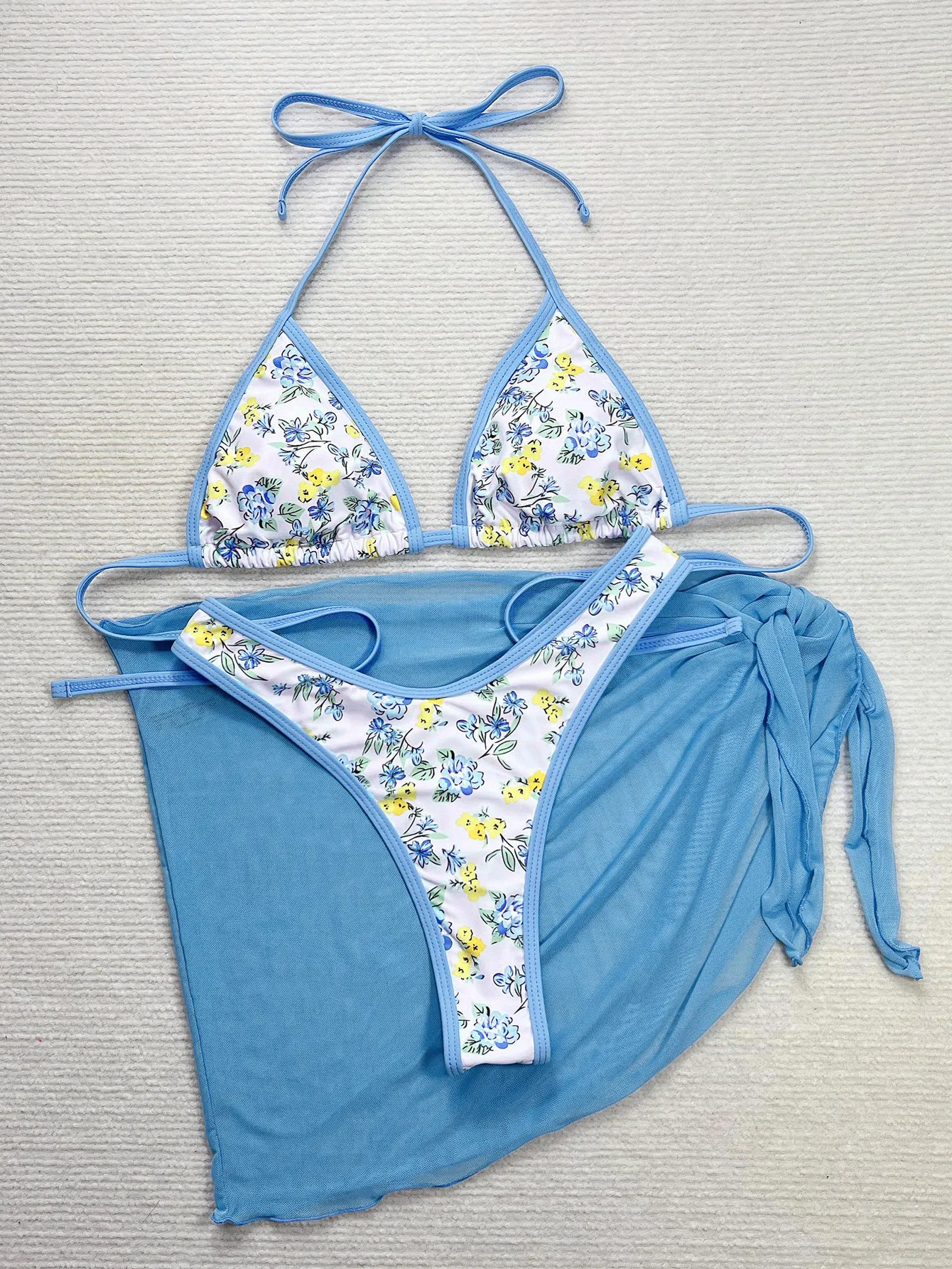 sexy blue flower print halter bikinis sets 3pcs with mesh cover skirt swimwear swimsuit bathing suit biquini tankini