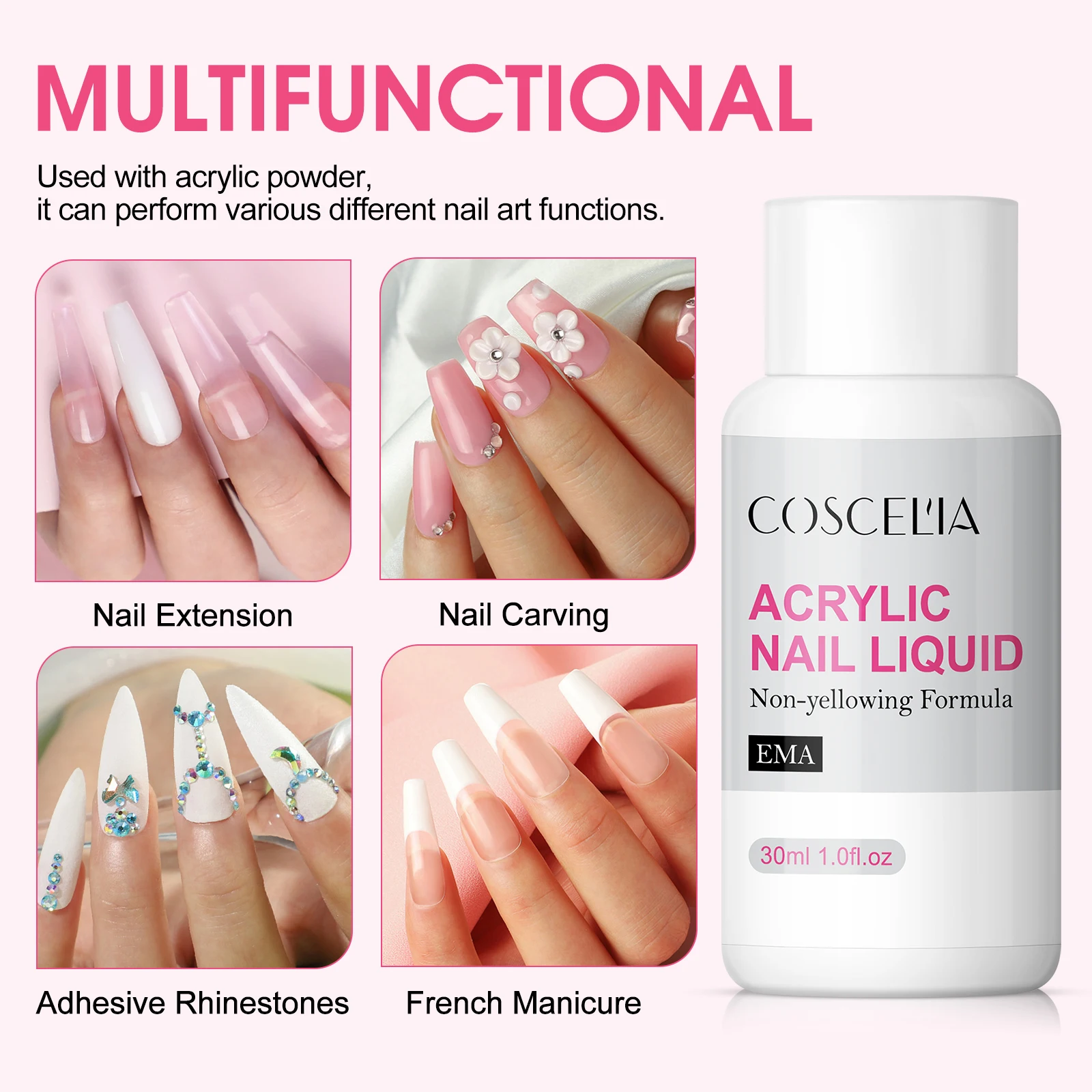 Coscelia-Kit Líquido Acrílico, Nail Art Tools, Caneta de Pontilhar, Pó, Cola, 30ml, 3Pcs, 8g, 3Pcs, 2g