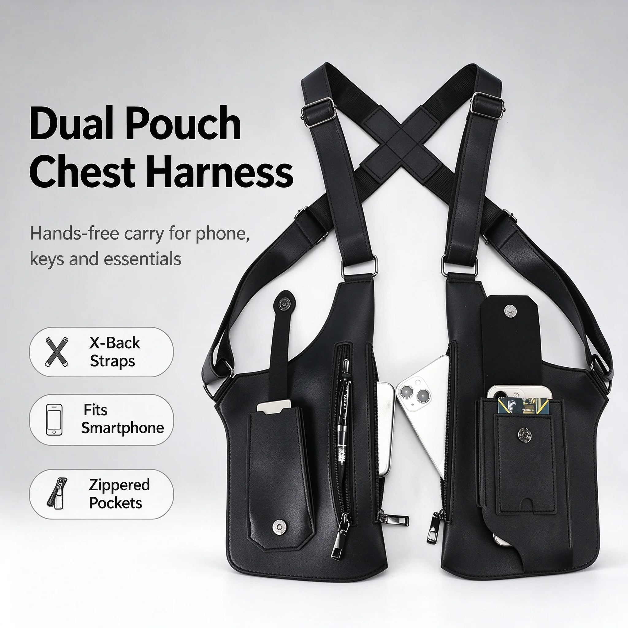 Chaleco Táctico Multibolsillos Echwear, Arnés de Pecho, Bolso de Cuero PU, Chaleco de Hombro para Deportes al Aire Libre