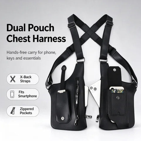 Echwear Multi-pocket Tactical Chest Harness Vest Bag PU Leather Shoulder Chest Rig for Outdoor Sports
