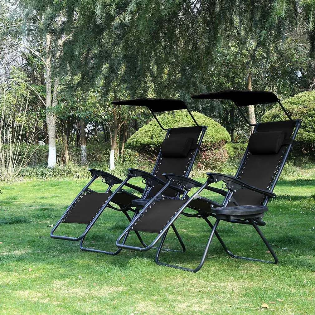 Heavy Duty Zero Gravity Lounge Chair with Backrest Sunshade Canopy & Cup Holder Tray Folding Portable Handle 2PCS, Customized view 2