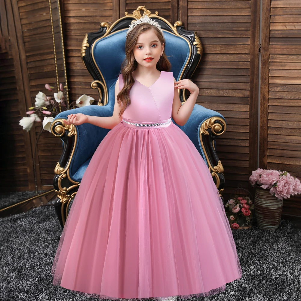 Shining Crystal Belt Bean Pink Sleeveless Long Dress for Princess Prom Bow Dresses for 3 to 12 Years Girls