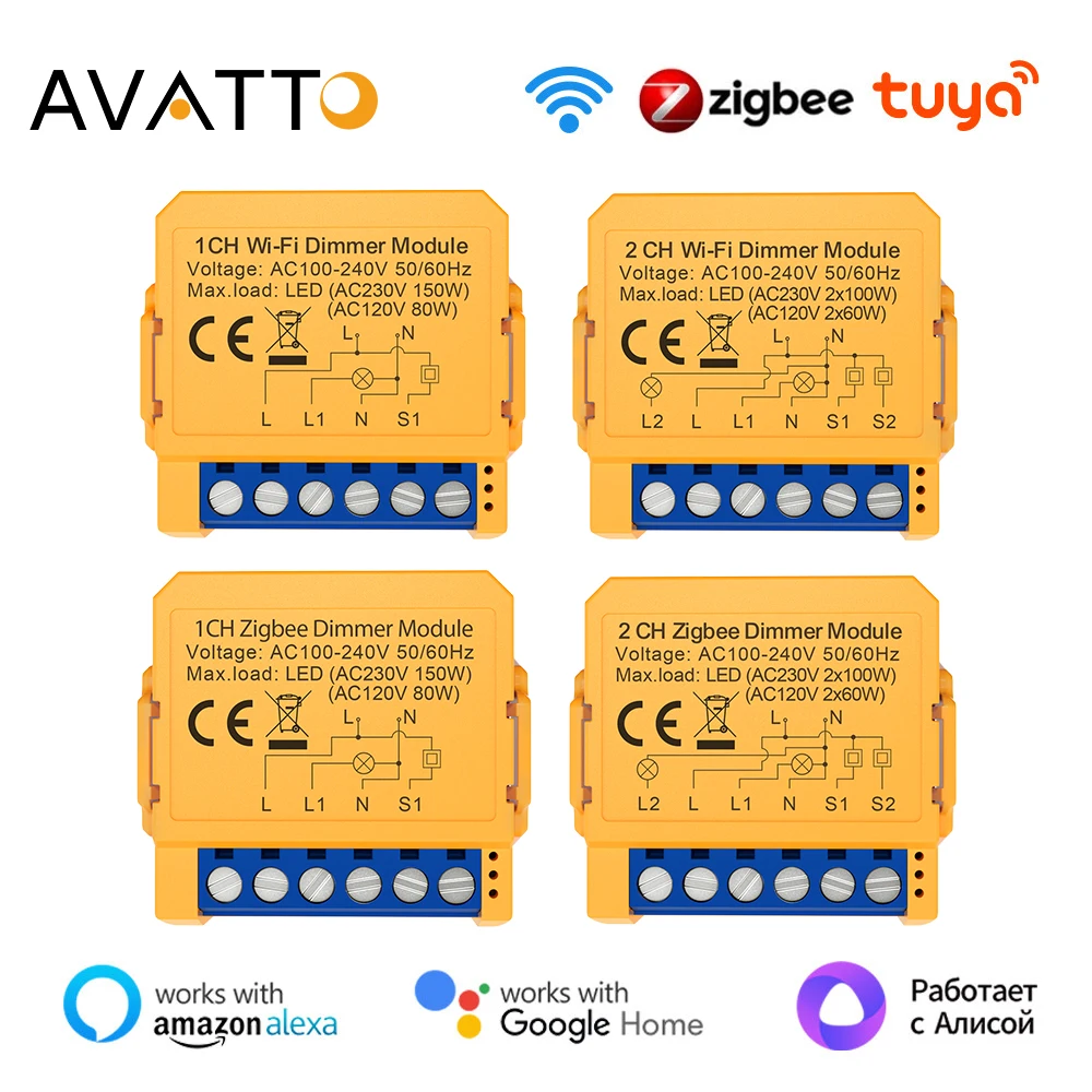 

Умный диммер AVATTO Tuya Wi-Fi/ZigBee, модуль переключателя света с 1/2 кнопками, модуль переключателя света с управлением через приложение для Alexa Google Home