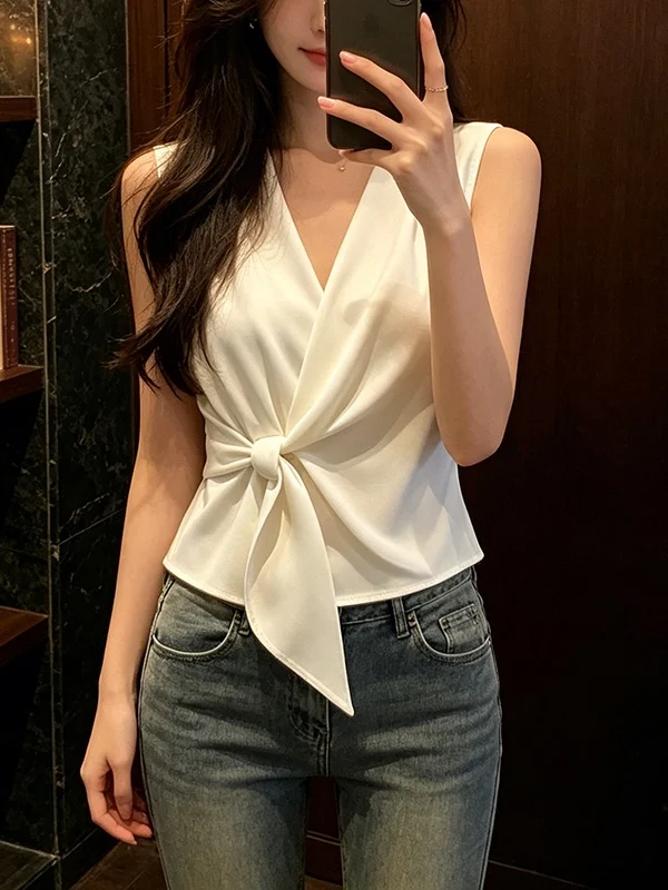 

plus Size Women's Fashionable Korean Style Summer Shirt Bow Tie Waist Slimming Sleeveless Versatile V-Neck Top for Younger Look
