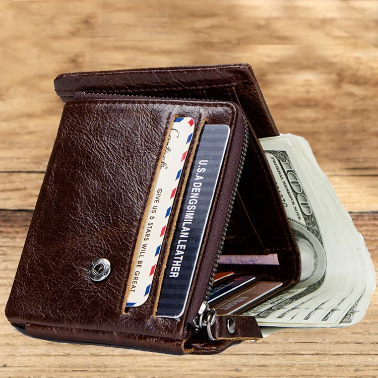 Fashion British Style Top Layer Cowhide Crazy Horse Cowhide Triple Fold Horizontal Men Leather Wallet Men Large Capacity Wallets