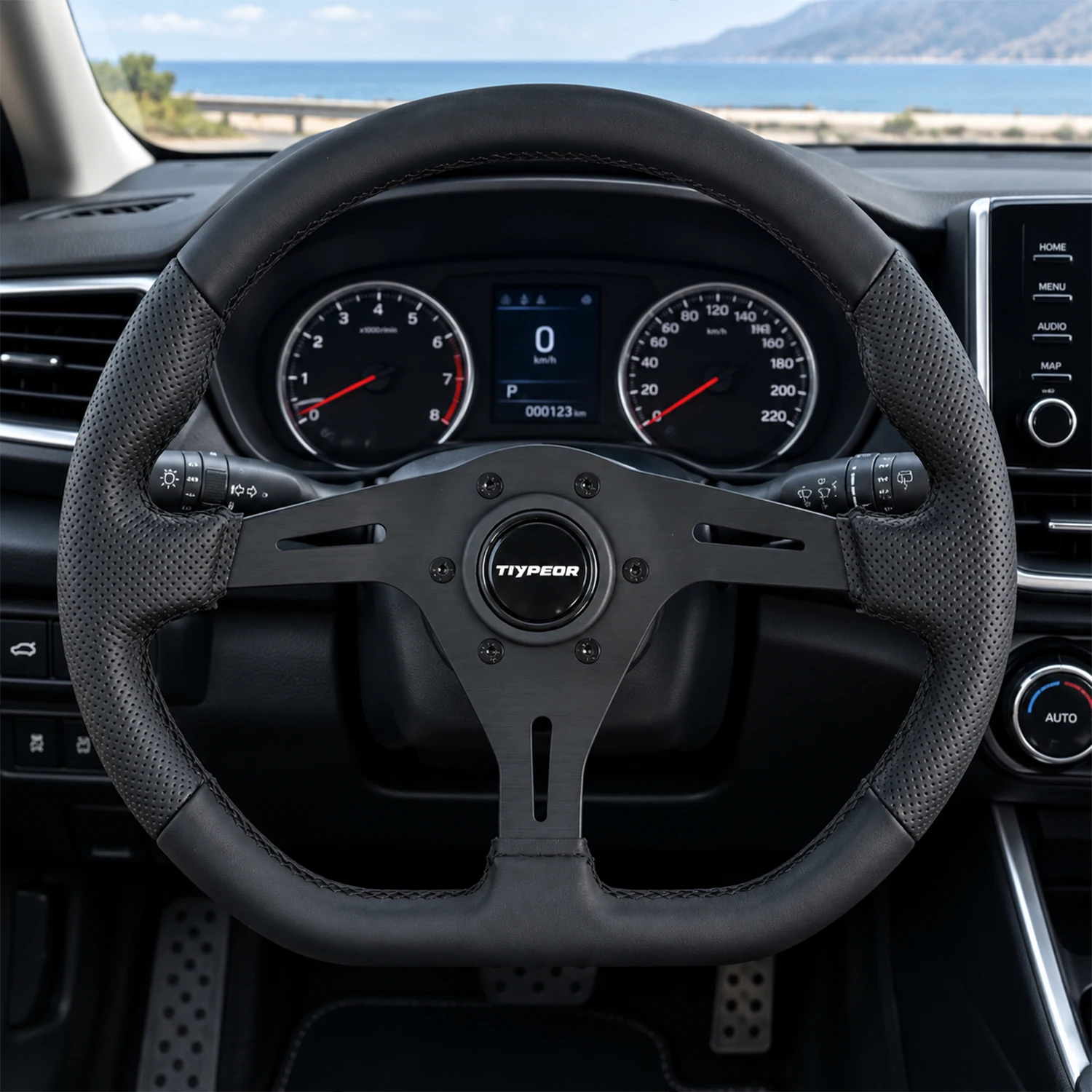 Tiypeor 355mm (13.97 inches) Universal Racing Steering Wheel Perforated Leather Sports Drift Steering Wheel with Horn Button