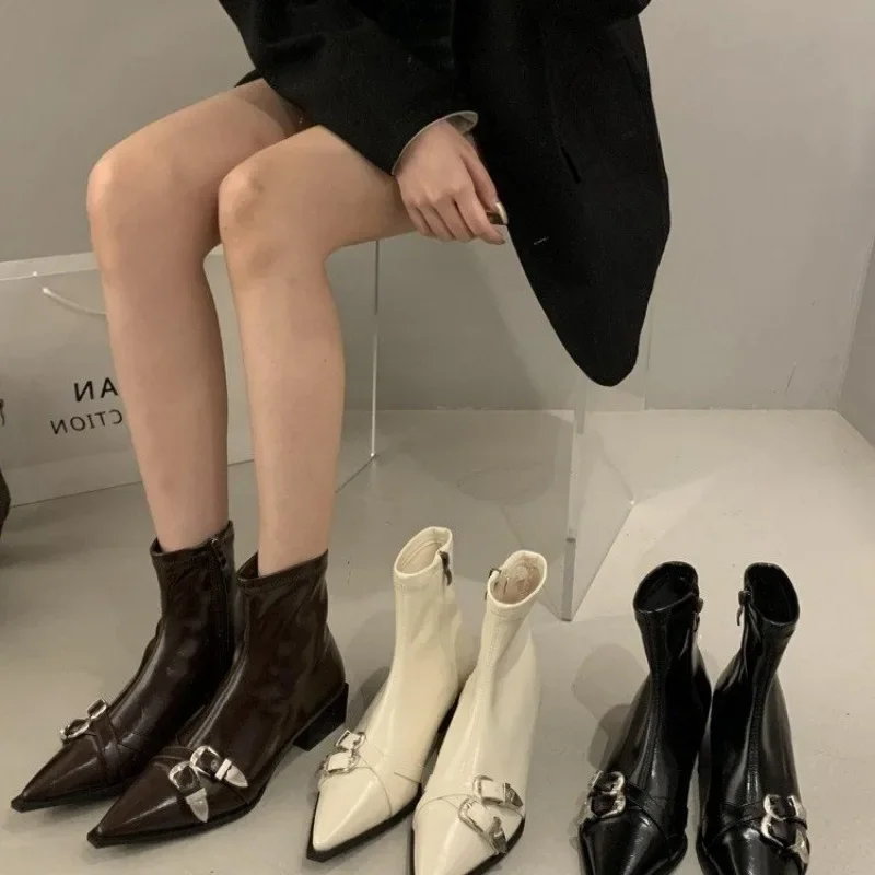

Hot Selling Women's Fashion Chunky Heel Shoes New Fall Pointy Metal Buckle Side Zipper Mid-heel Comfort Ankle Boots